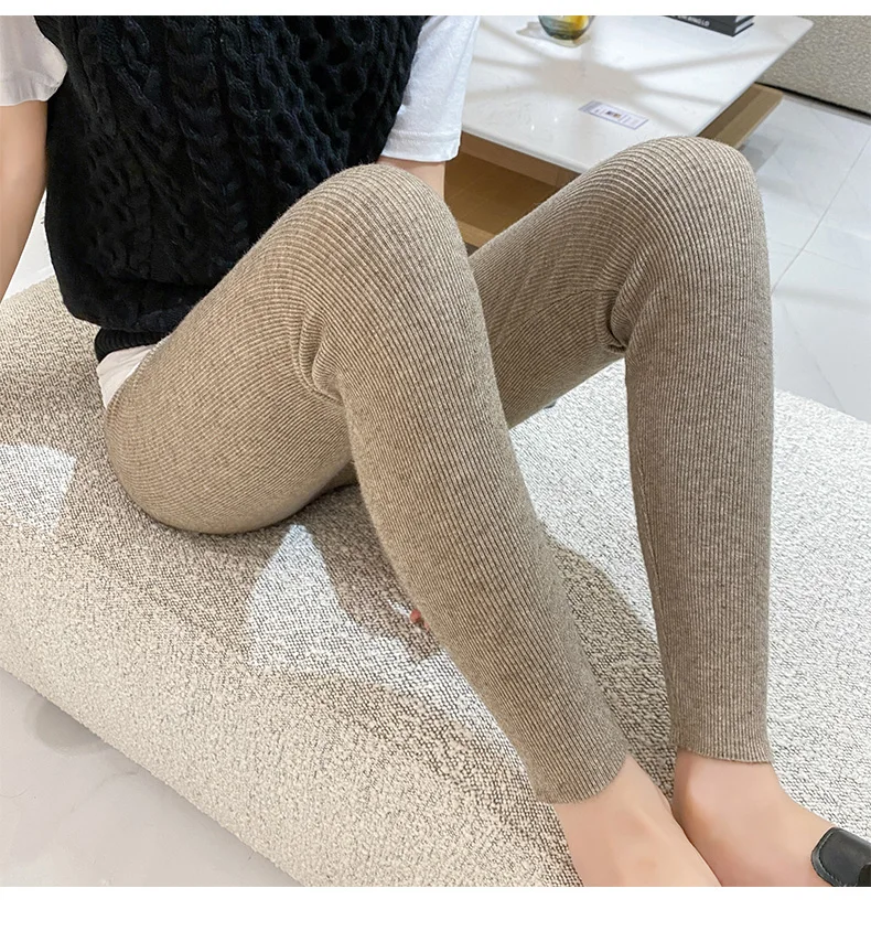 Autumn Winter Women Wool Thickening Leggings High Waist Ribbed Vertical Stripe Casual Knitted Leggings Warm Wear out Pantyhose