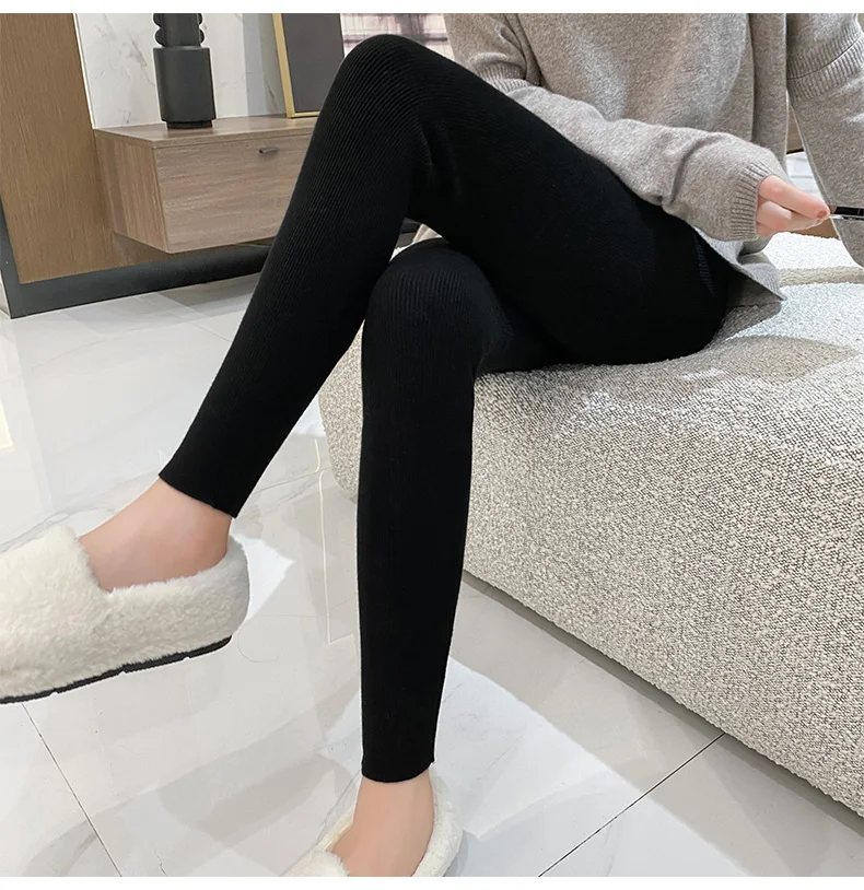 Autumn Winter Women Wool Thickening Leggings High Waist Ribbed Vertical Stripe Casual Knitted Leggings Warm Wear out Pantyhose