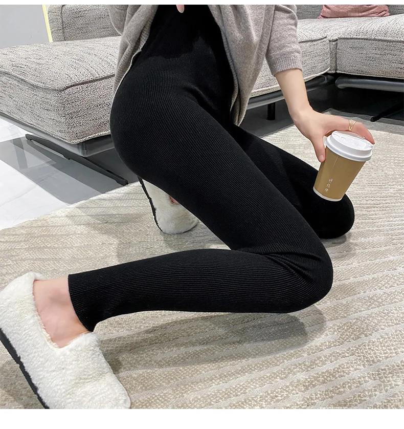 Autumn Winter Women Wool Thickening Leggings High Waist Ribbed Vertical Stripe Casual Knitted Leggings Warm Wear out Pantyhose