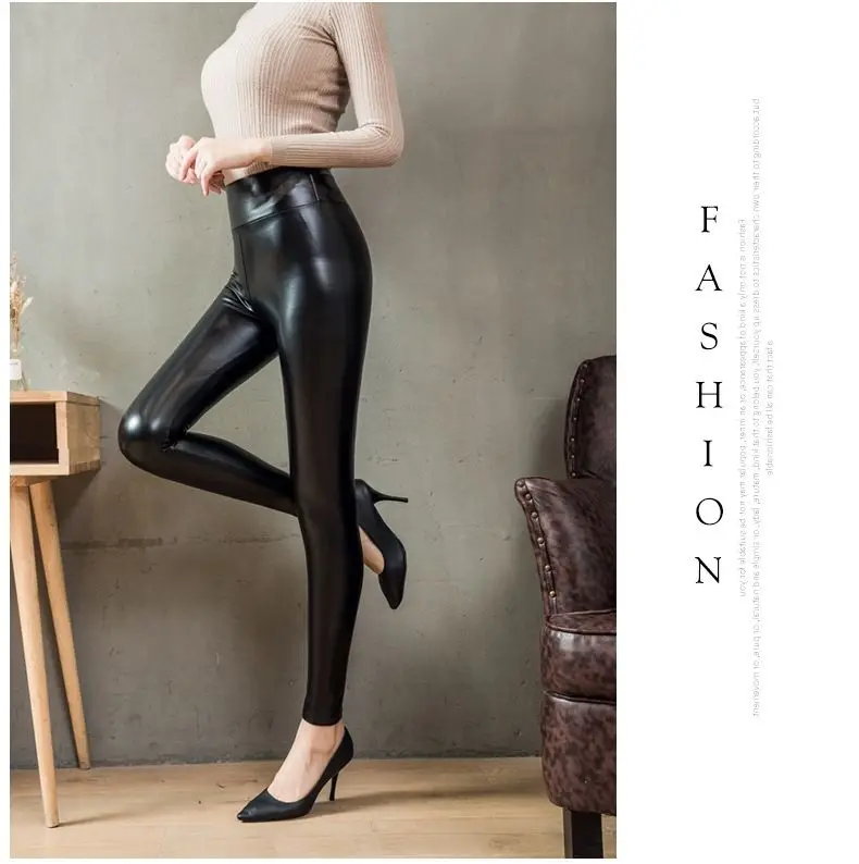 Fashion Women's PU Leather Pants Elastic High Waist Autumn/Winter Leggings Slim Velvet Leather Skinny Fleece Trousers Woman