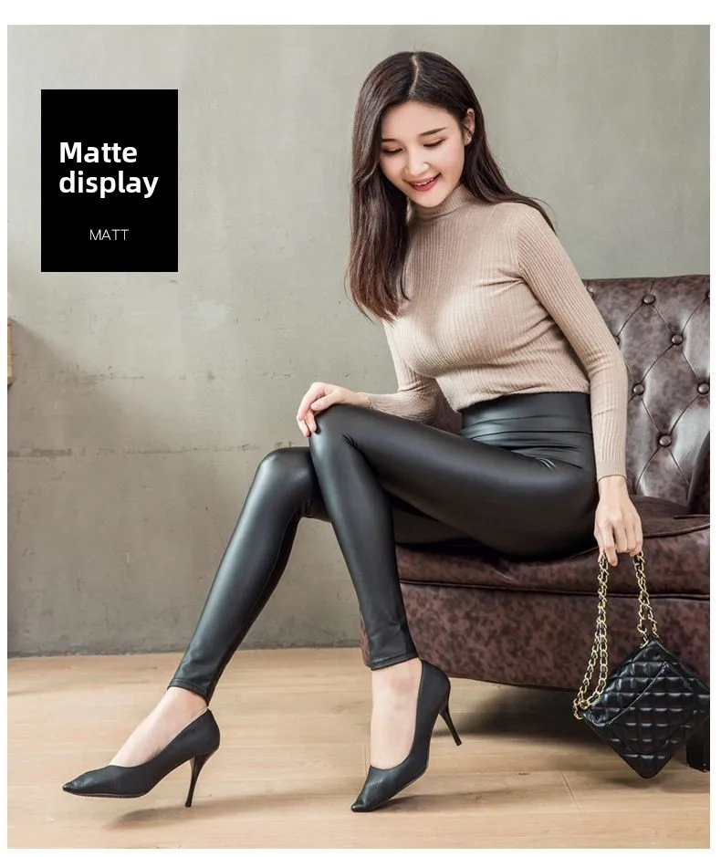 Fashion Women's PU Leather Pants Elastic High Waist Autumn/Winter Leggings Slim Velvet Leather Skinny Fleece Trousers Woman
