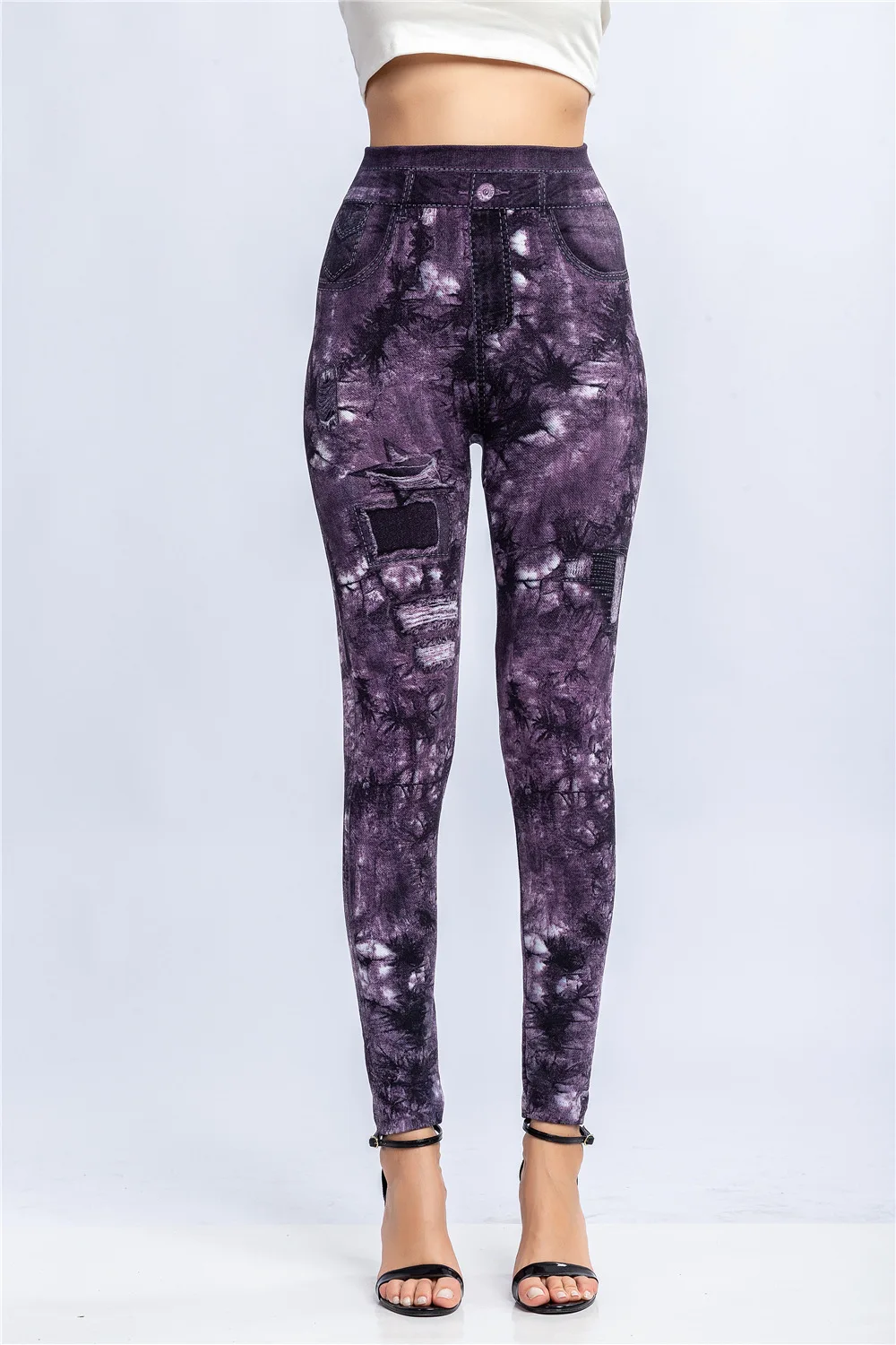 Women Print Imitation Denim Legggings Stretchy Slim Tights High Waist Hip Liftting Casul Pants Workout Running Gym Pants