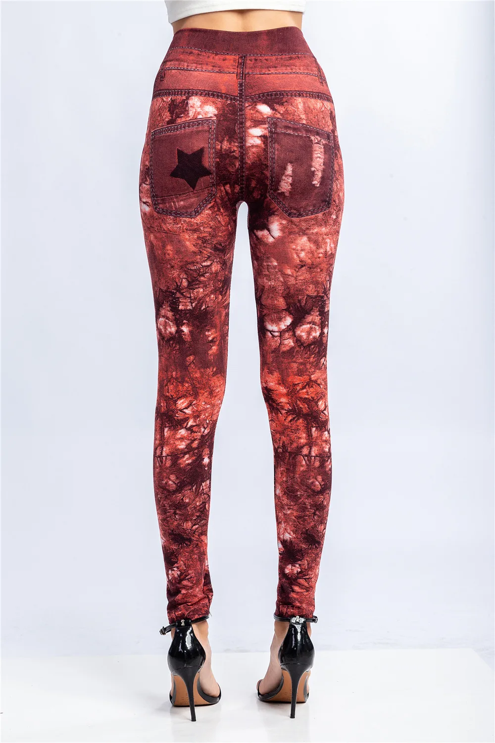 Women Print Imitation Denim Legggings Stretchy Slim Tights High Waist Hip Liftting Casul Pants Workout Running Gym Pants