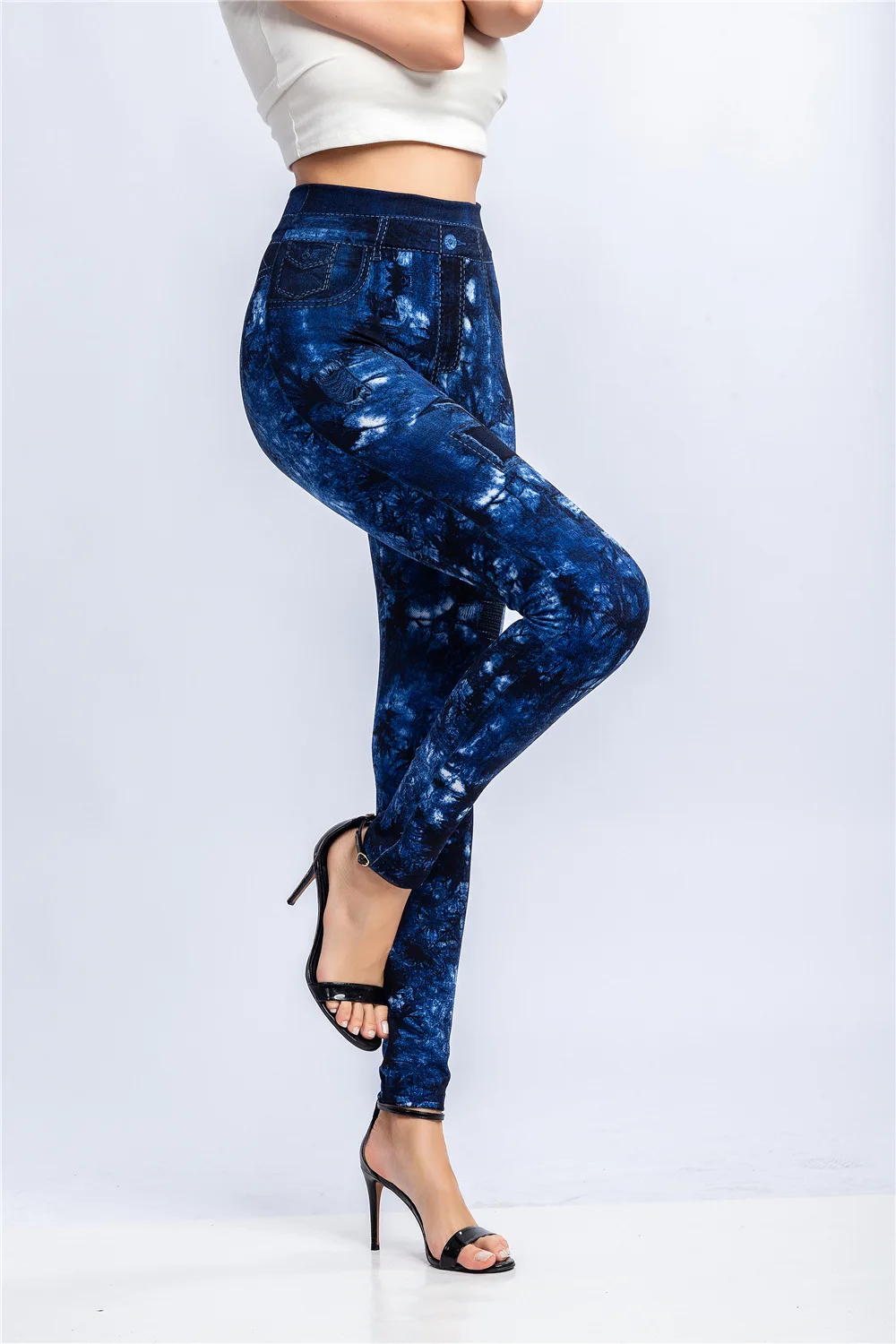 Women Print Imitation Denim Legggings Stretchy Slim Tights High Waist Hip Liftting Casul Pants Workout Running Gym Pants