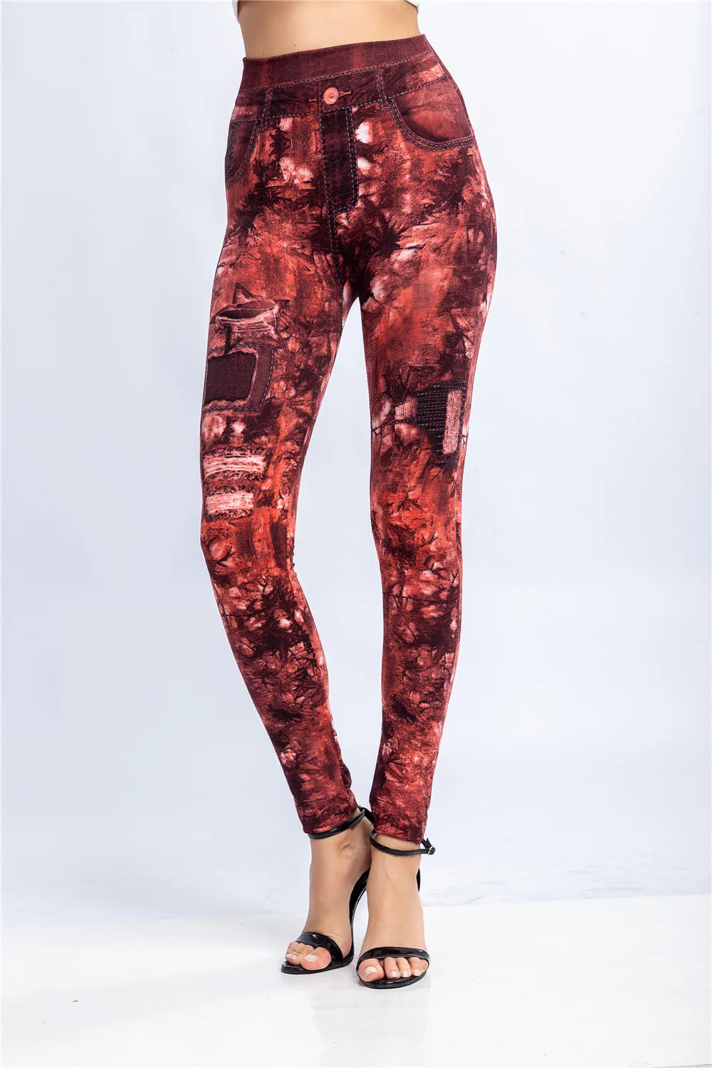 Women Print Imitation Denim Legggings Stretchy Slim Tights High Waist Hip Liftting Casul Pants Workout Running Gym Pants