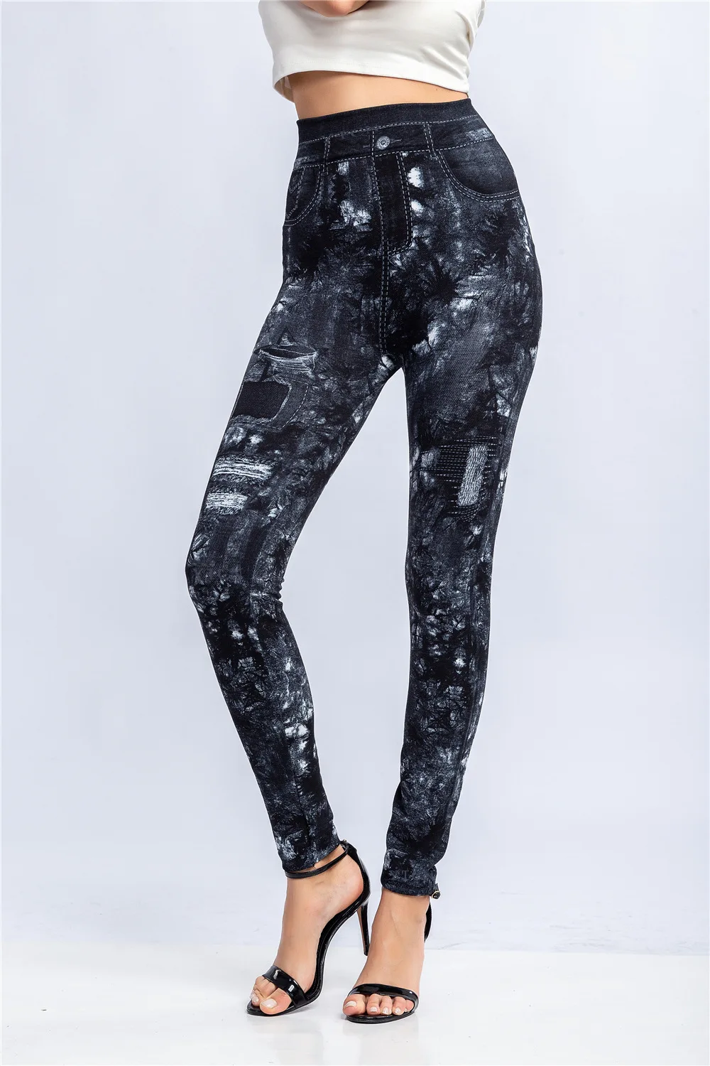 Women Print Imitation Denim Legggings Stretchy Slim Tights High Waist Hip Liftting Casul Pants Workout Running Gym Pants