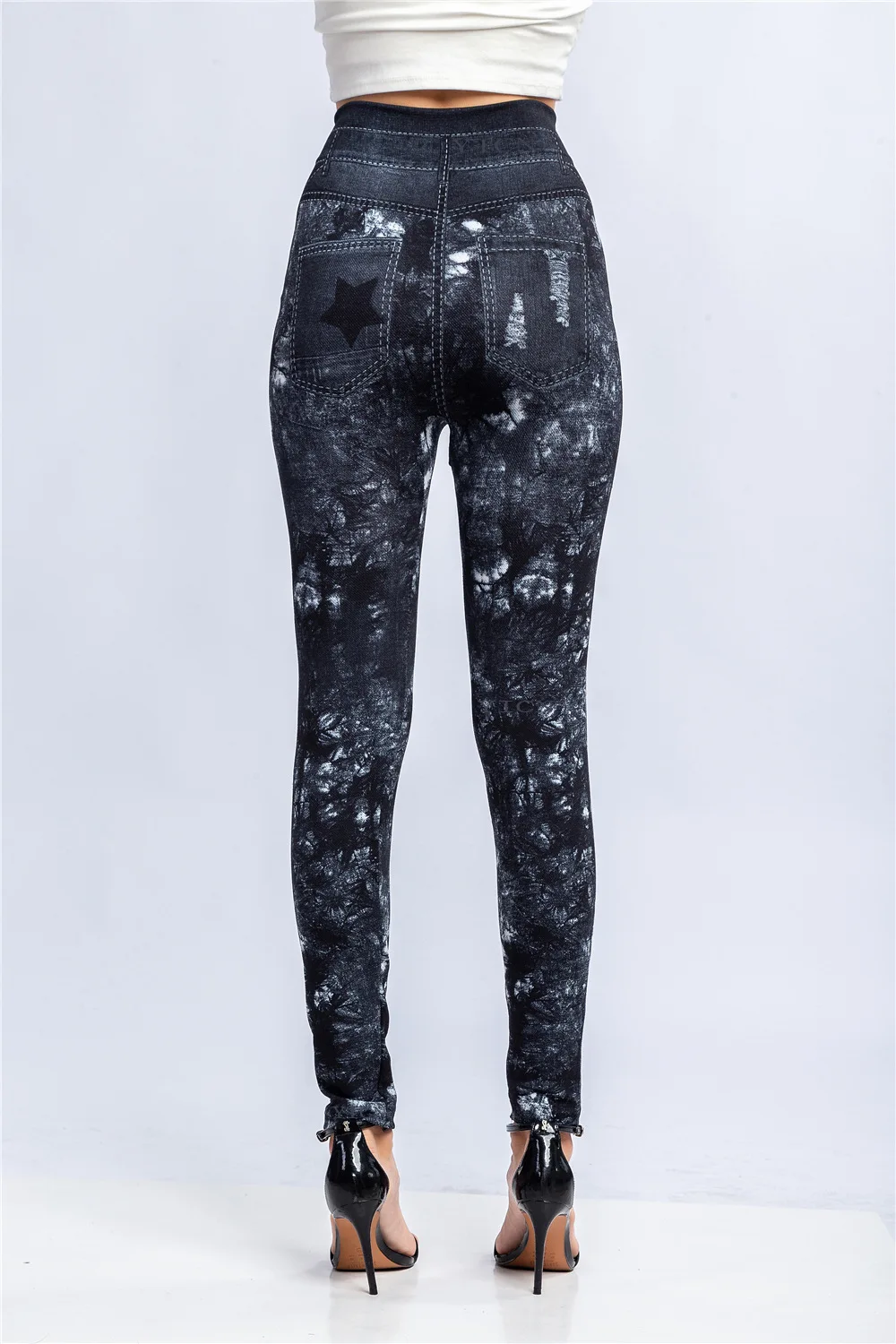 Women Print Imitation Denim Legggings Stretchy Slim Tights High Waist Hip Liftting Casul Pants Workout Running Gym Pants