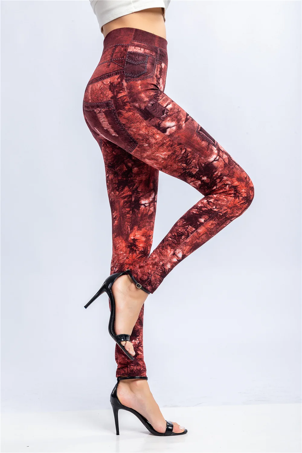 Women Print Imitation Denim Legggings Stretchy Slim Tights High Waist Hip Liftting Casul Pants Workout Running Gym Pants