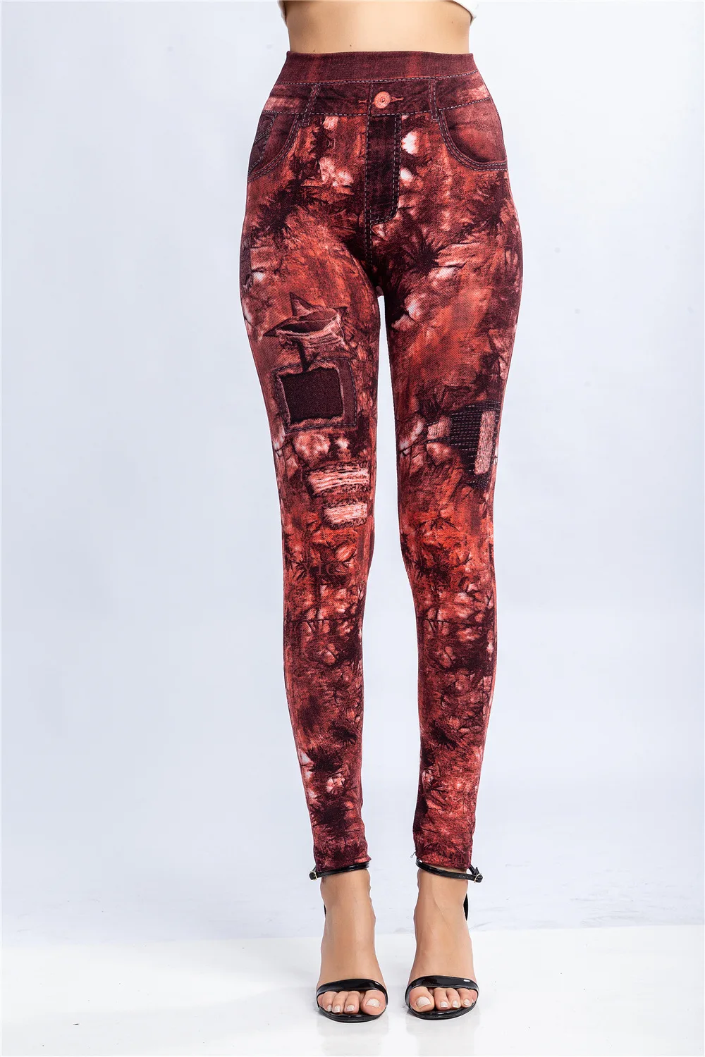 Women Print Imitation Denim Legggings Stretchy Slim Tights High Waist Hip Liftting Casul Pants Workout Running Gym Pants