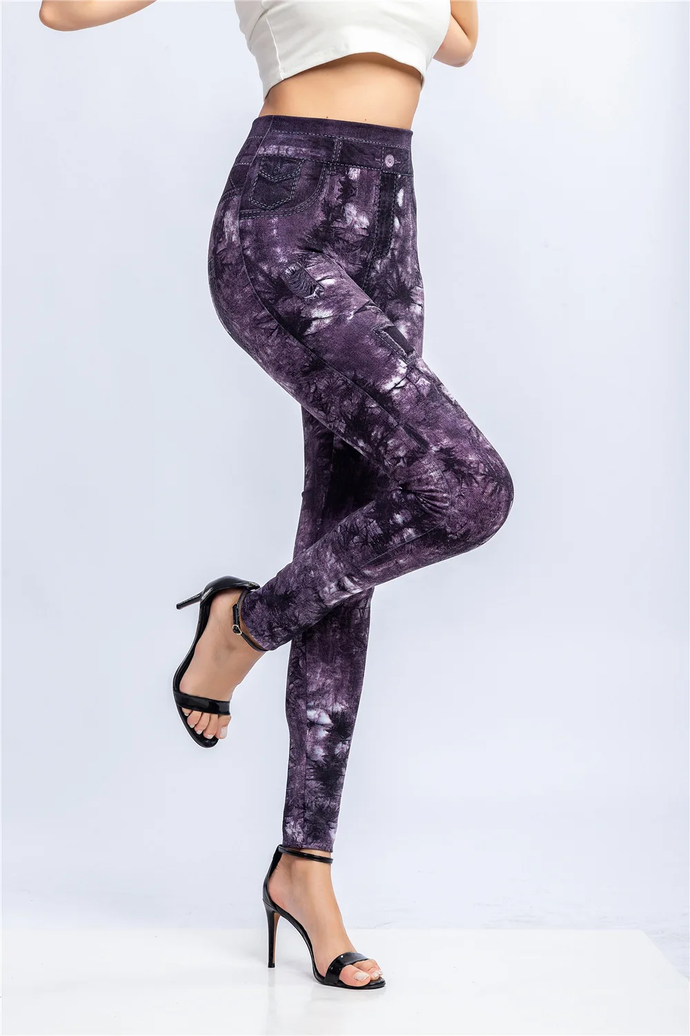 Women Print Imitation Denim Legggings Stretchy Slim Tights High Waist Hip Liftting Casul Pants Workout Running Gym Pants