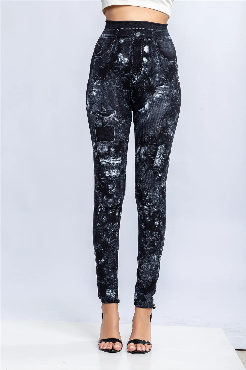Women Print Imitation Denim Legggings Stretchy Slim Tights High Waist Hip Liftting Casul Pants Workout Running Gym Pants