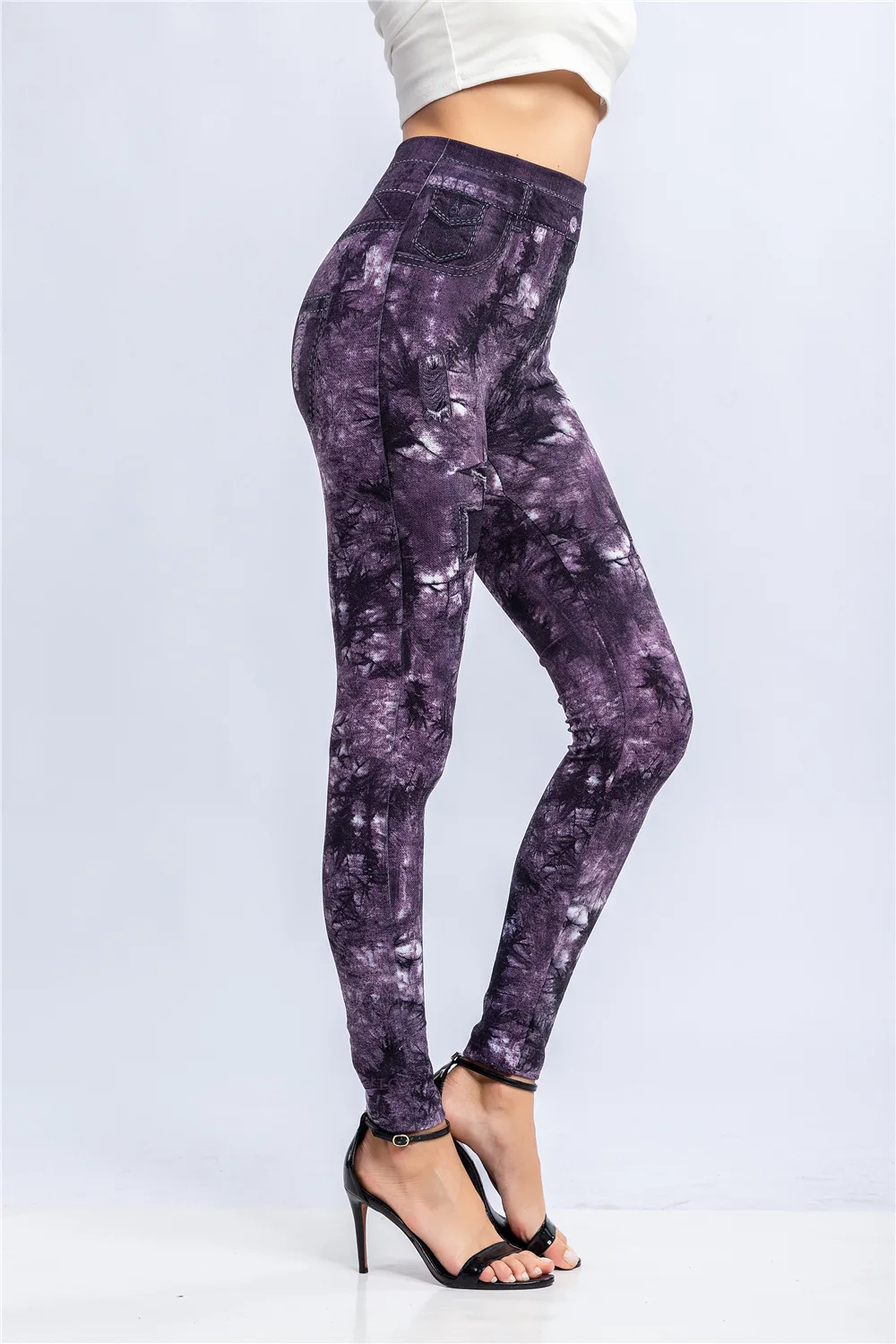 Women Print Imitation Denim Legggings Stretchy Slim Tights High Waist Hip Liftting Casul Pants Workout Running Gym Pants