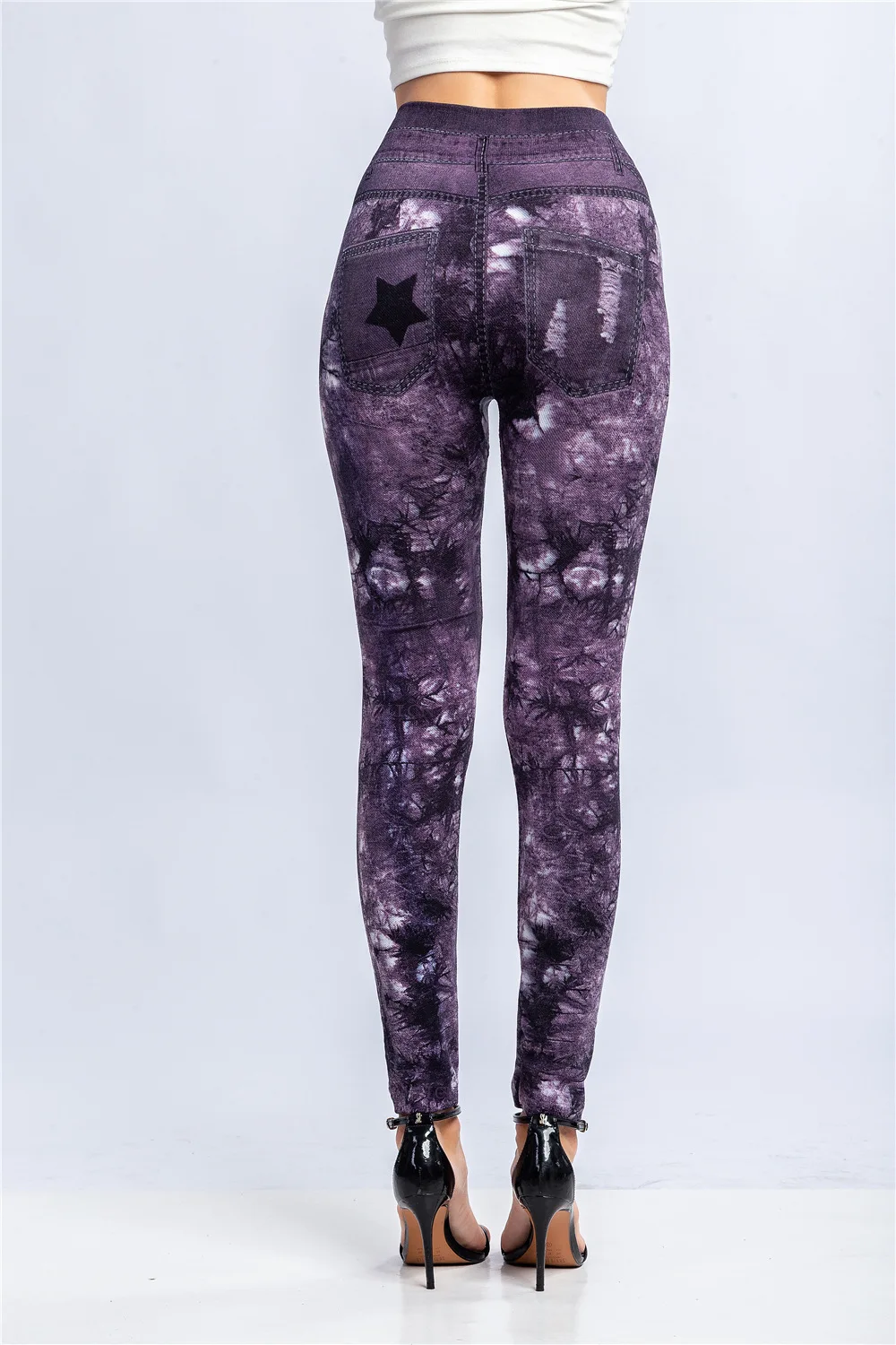 Women Print Imitation Denim Legggings Stretchy Slim Tights High Waist Hip Liftting Casul Pants Workout Running Gym Pants