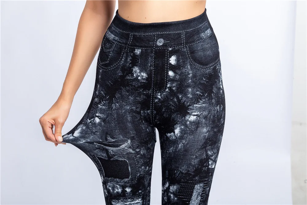 Women Print Imitation Denim Legggings Stretchy Slim Tights High Waist Hip Liftting Casul Pants Workout Running Gym Pants