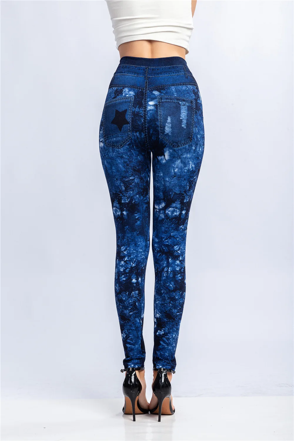 Women Print Imitation Denim Legggings Stretchy Slim Tights High Waist Hip Liftting Casul Pants Workout Running Gym Pants