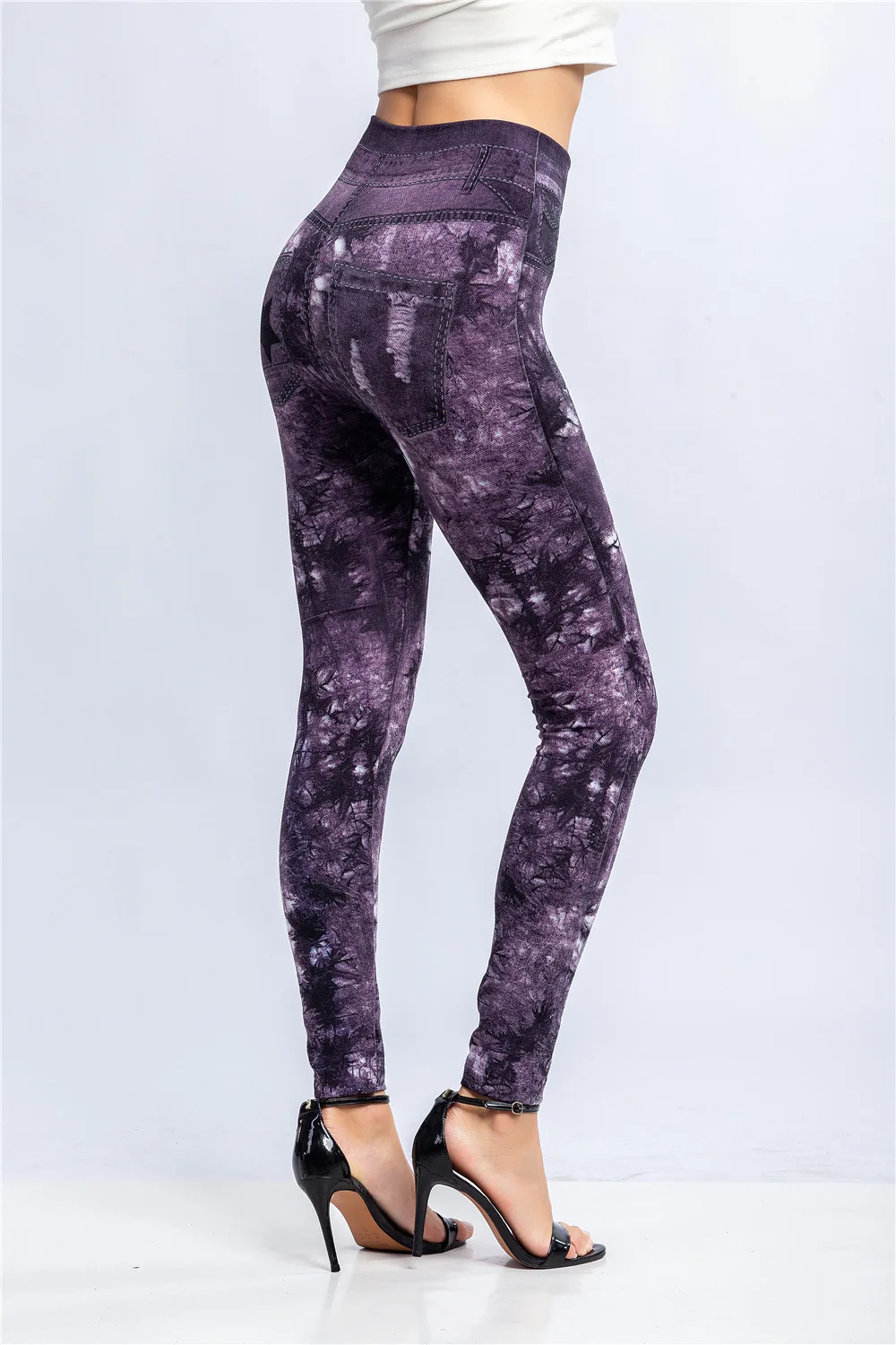 Women Print Imitation Denim Legggings Stretchy Slim Tights High Waist Hip Liftting Casul Pants Workout Running Gym Pants