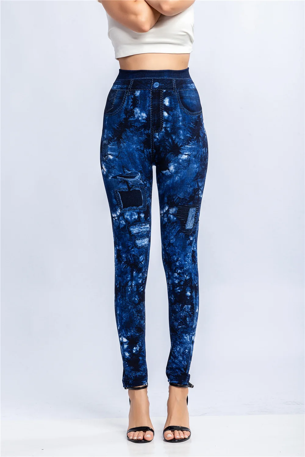 Women Print Imitation Denim Legggings Stretchy Slim Tights High Waist Hip Liftting Casul Pants Workout Running Gym Pants