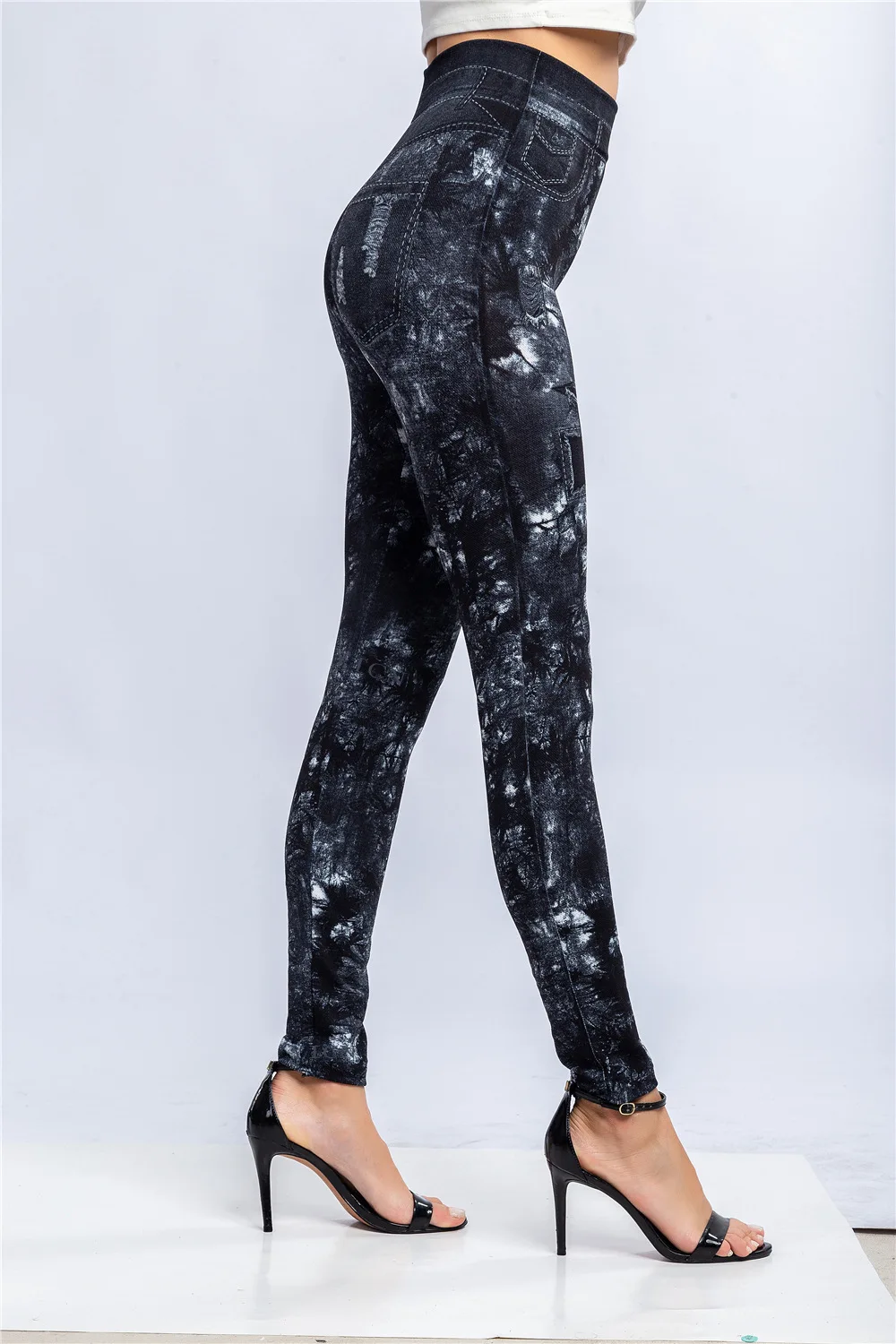 Women Print Imitation Denim Legggings Stretchy Slim Tights High Waist Hip Liftting Casul Pants Workout Running Gym Pants