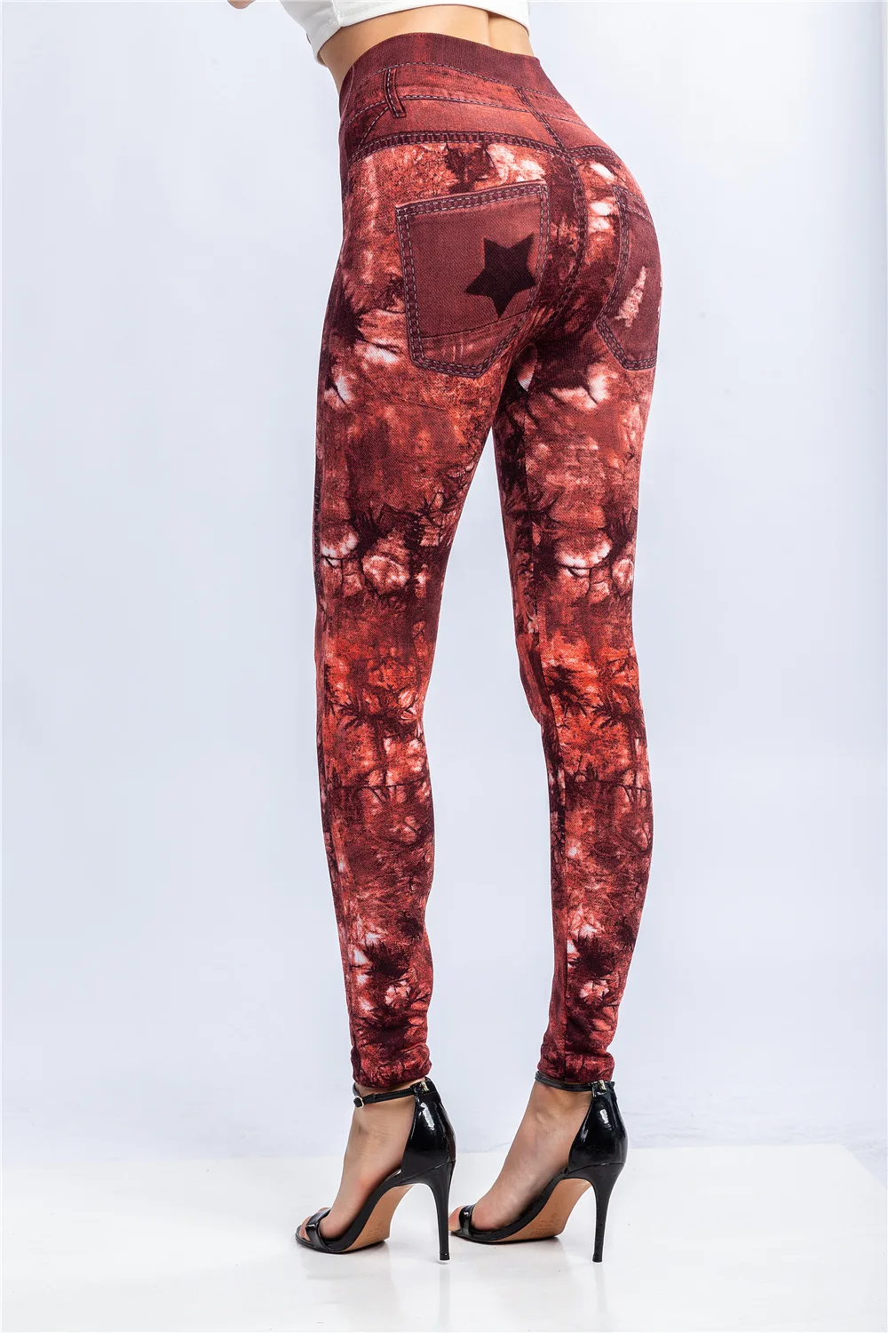 Women Print Imitation Denim Legggings Stretchy Slim Tights High Waist Hip Liftting Casul Pants Workout Running Gym Pants
