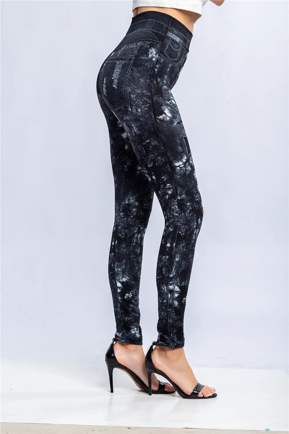 Women Print Imitation Denim Legggings Stretchy Slim Tights High Waist Hip Liftting Casul Pants Workout Running Gym Pants
