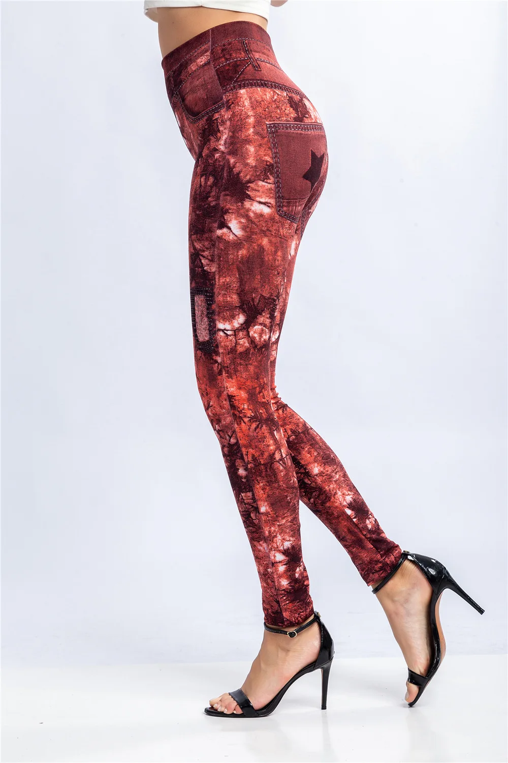Women Print Imitation Denim Legggings Stretchy Slim Tights High Waist Hip Liftting Casul Pants Workout Running Gym Pants