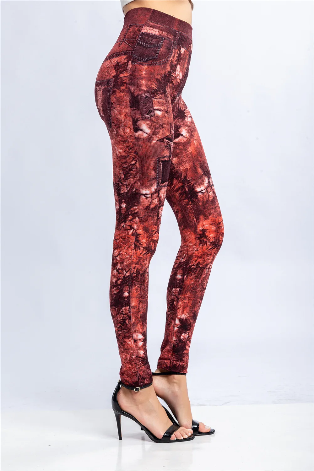 Women Print Imitation Denim Legggings Stretchy Slim Tights High Waist Hip Liftting Casul Pants Workout Running Gym Pants