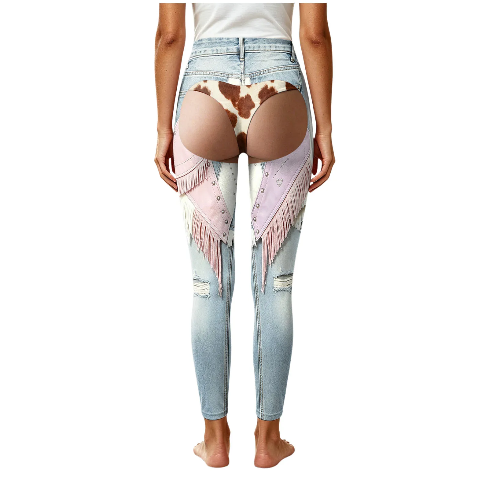 Retro 3D Print Cowboy Style Funny Women Leggings Fake Two-Piece Faux Denim-Like Long Pants High Waist Gym Workout Yoga Leggings