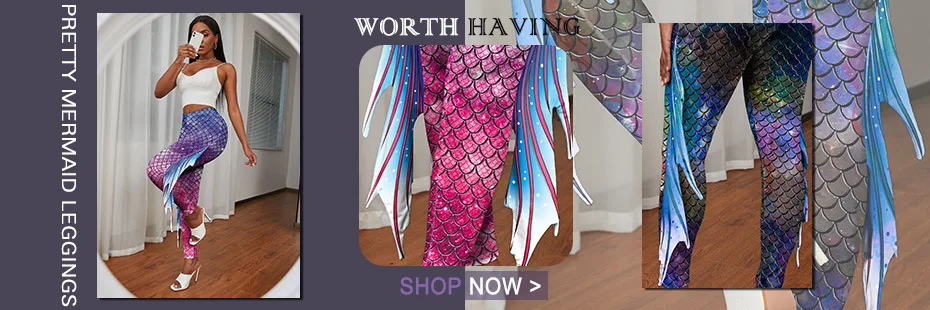 VIP FASHION Colorful Mermaid Leggings for Women High Waist Fish Scales Tights Skinny Spandex Trousers Push Up Running Pants