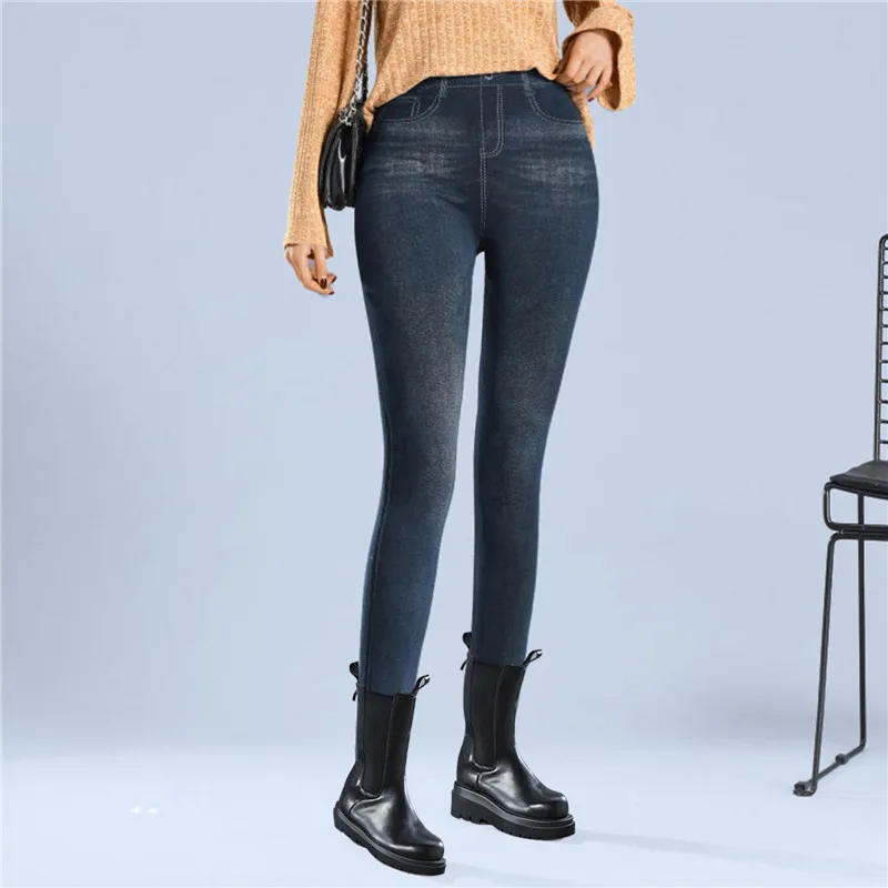 Faux Denim Leggins Fleece Faux Jeans Trousers Push Up Elastic High Waist Women Leggings Sports Pants Warm Plush Pencil Pants