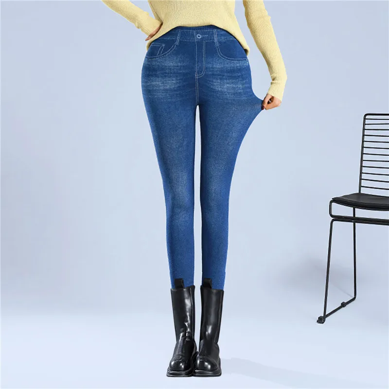 Faux Denim Leggins Fleece Faux Jeans Trousers Push Up Elastic High Waist Women Leggings Sports Pants Warm Plush Pencil Pants