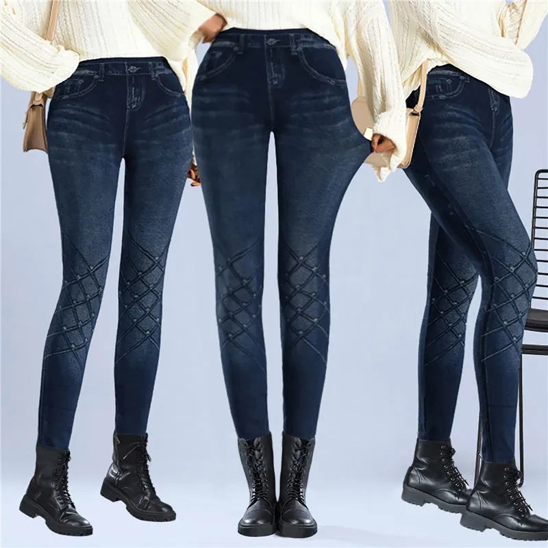Faux Denim Leggins Fleece Faux Jeans Trousers Push Up Elastic High Waist Women Leggings Sports Pants Warm Plush Pencil Pants