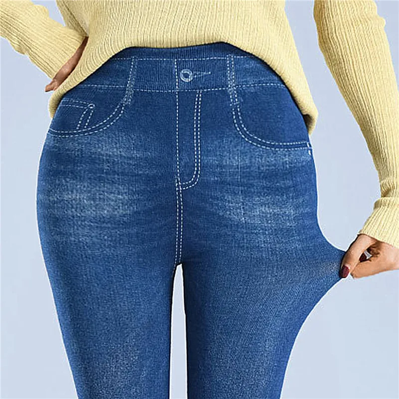 Faux Denim Leggins Fleece Faux Jeans Trousers Push Up Elastic High Waist Women Leggings Sports Pants Warm Plush Pencil Pants