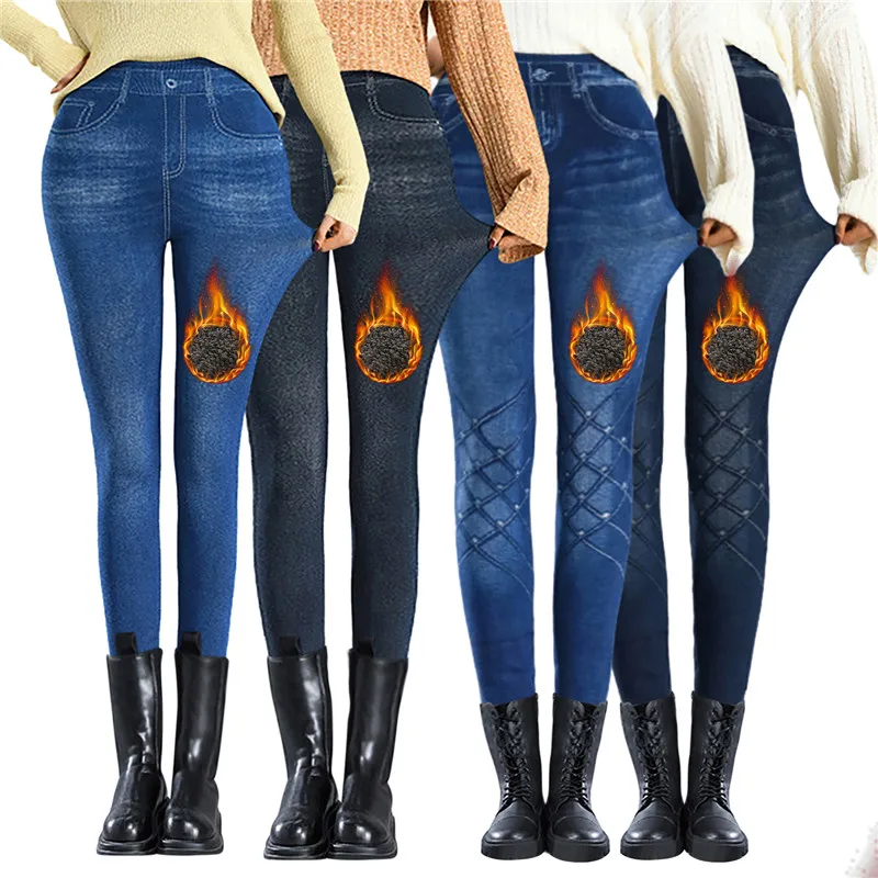 Faux Denim Leggins Fleece Faux Jeans Trousers Push Up Elastic High Waist Women Leggings Sports Pants Warm Plush Pencil Pants