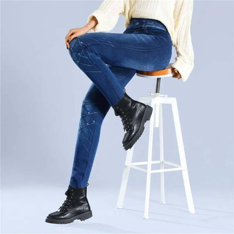 Faux Denim Leggins Fleece Faux Jeans Trousers Push Up Elastic High Waist Women Leggings Sports Pants Warm Plush Pencil Pants