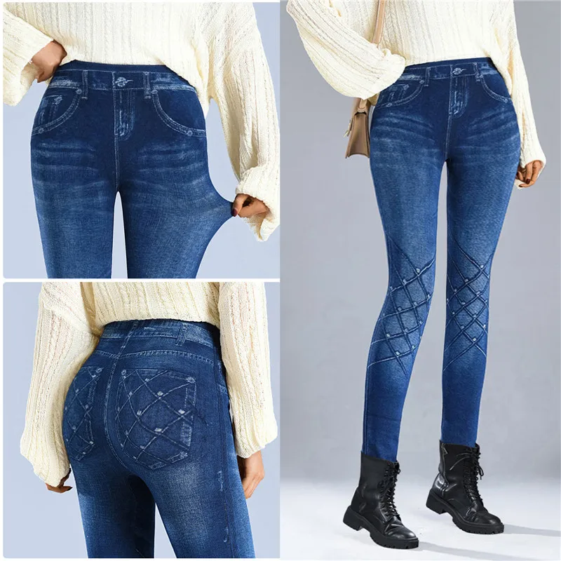Faux Denim Leggins Fleece Faux Jeans Trousers Push Up Elastic High Waist Women Leggings Sports Pants Warm Plush Pencil Pants