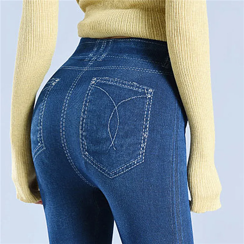 Faux Denim Leggins Fleece Faux Jeans Trousers Push Up Elastic High Waist Women Leggings Sports Pants Warm Plush Pencil Pants