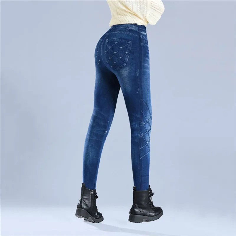 Faux Denim Leggins Fleece Faux Jeans Trousers Push Up Elastic High Waist Women Leggings Sports Pants Warm Plush Pencil Pants