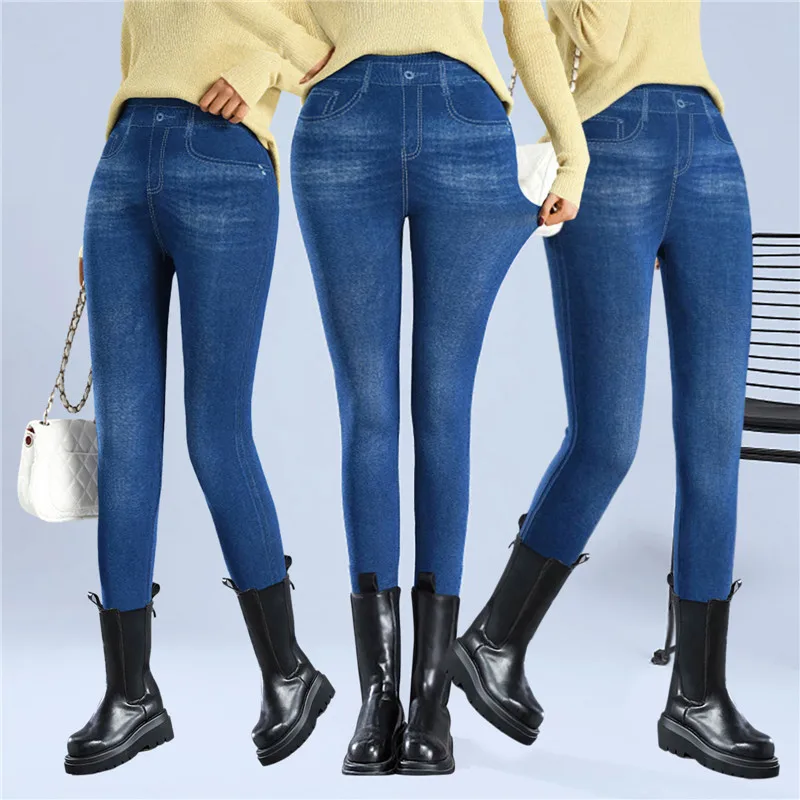 Faux Denim Leggins Fleece Faux Jeans Trousers Push Up Elastic High Waist Women Leggings Sports Pants Warm Plush Pencil Pants