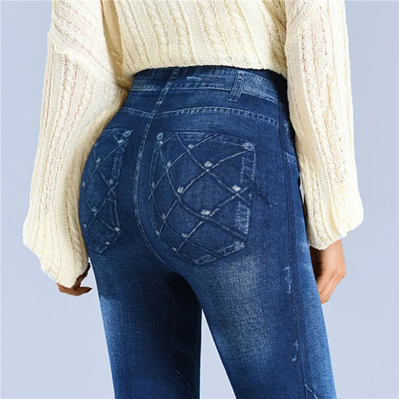 Faux Denim Leggins Fleece Faux Jeans Trousers Push Up Elastic High Waist Women Leggings Sports Pants Warm Plush Pencil Pants
