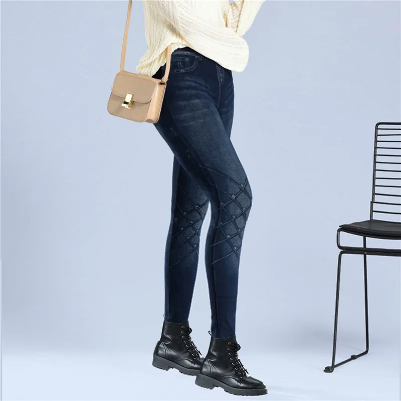 Faux Denim Leggins Fleece Faux Jeans Trousers Push Up Elastic High Waist Women Leggings Sports Pants Warm Plush Pencil Pants