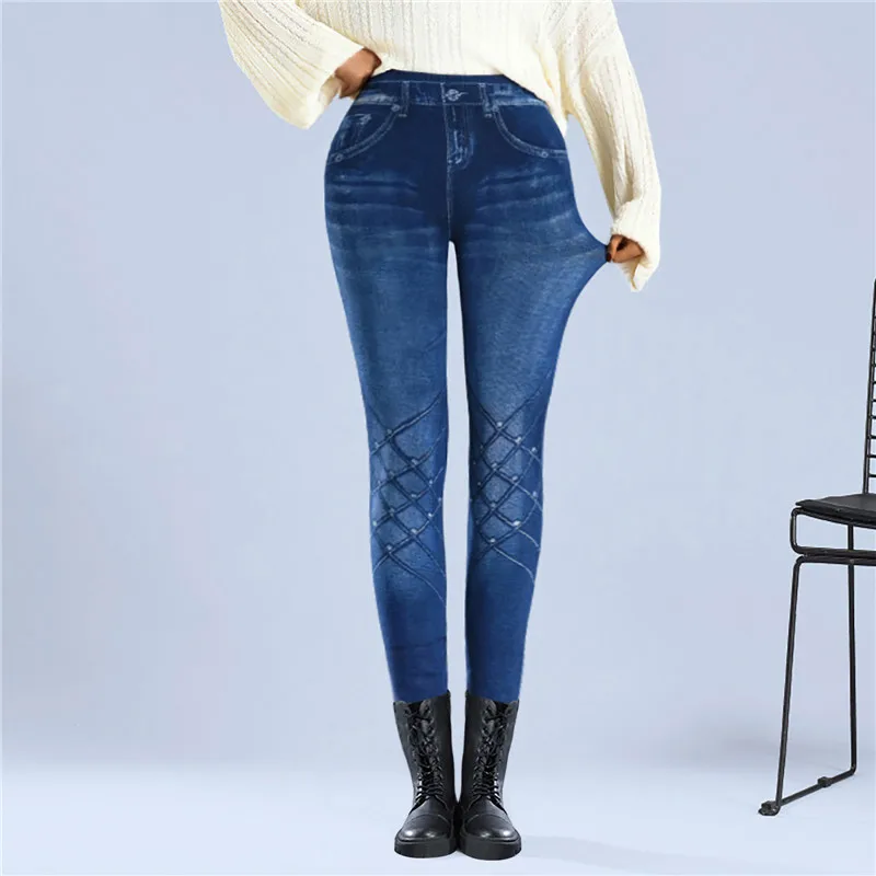 Faux Denim Leggins Fleece Faux Jeans Trousers Push Up Elastic High Waist Women Leggings Sports Pants Warm Plush Pencil Pants