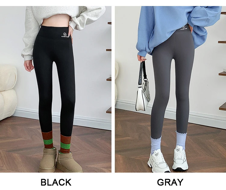 BIVIGAOS Autumn Winter Pink Velvet Shark Leggings Women Fleece High Waist Thick Warm Leggings Gray Casual Sports Yoga Leggings