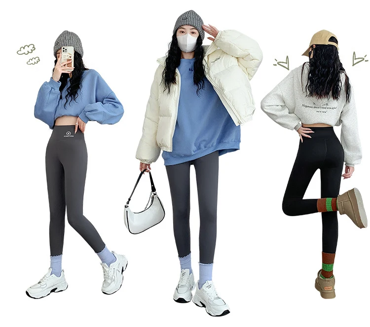 BIVIGAOS Autumn Winter Pink Velvet Shark Leggings Women Fleece High Waist Thick Warm Leggings Gray Casual Sports Yoga Leggings