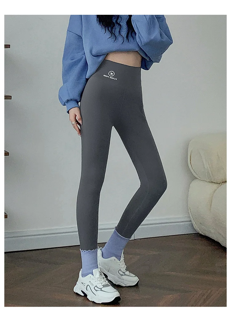 BIVIGAOS Autumn Winter Pink Velvet Shark Leggings Women Fleece High Waist Thick Warm Leggings Gray Casual Sports Yoga Leggings