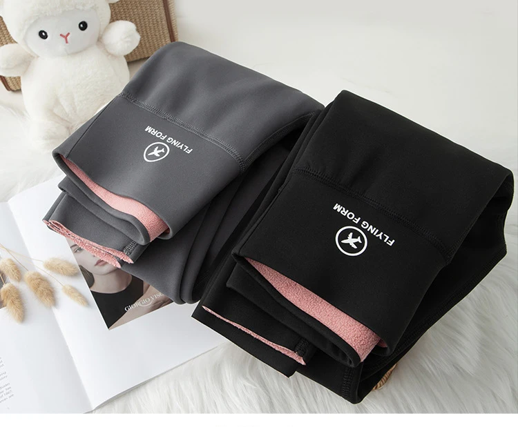 BIVIGAOS Autumn Winter Pink Velvet Shark Leggings Women Fleece High Waist Thick Warm Leggings Gray Casual Sports Yoga Leggings