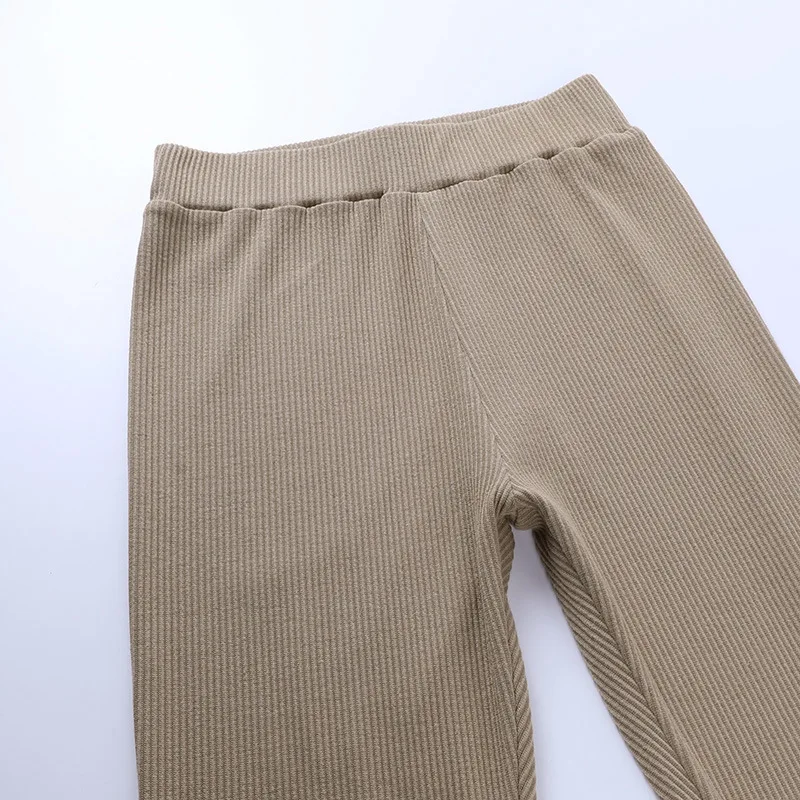 Beige Ribbed Knit Leggings Women High Waist Cotton Fitness Basic Pants Casual Spring New All-Match Female Skinny Leggings