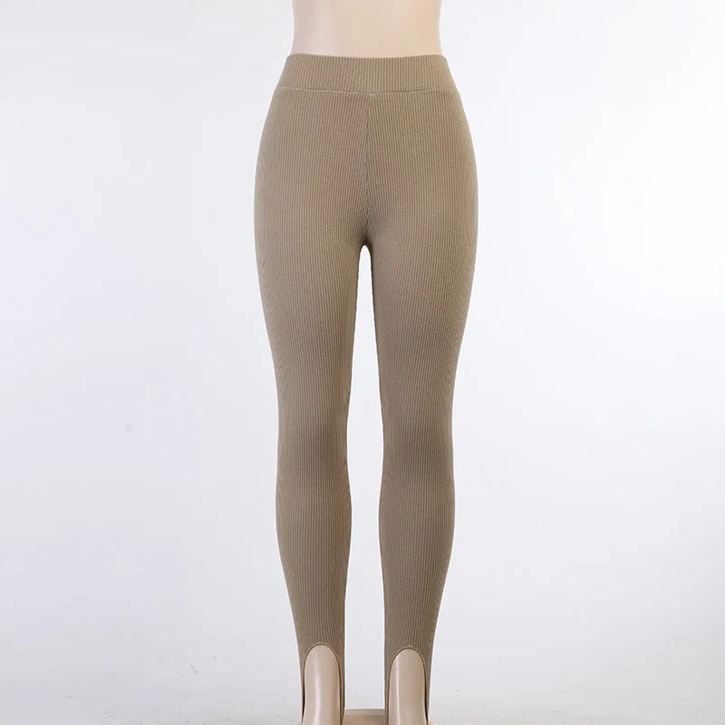 Beige Ribbed Knit Leggings Women High Waist Cotton Fitness Basic Pants Casual Spring New All-Match Female Skinny Leggings