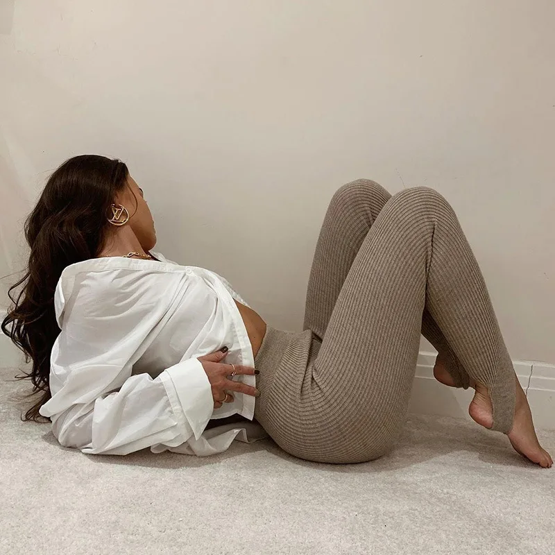 Beige Ribbed Knit Leggings Women High Waist Cotton Fitness Basic Pants Casual Spring New All-Match Female Skinny Leggings