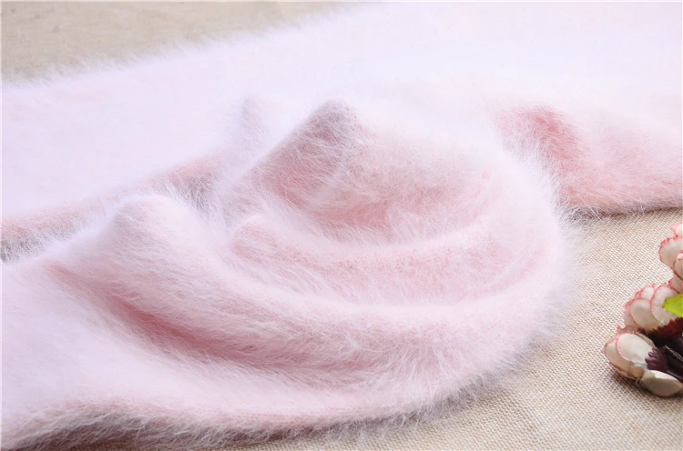 Ladies Women Fashion Sweet Pink Angora Rabbit Hair Knitted Warm Soft Autumn Winter Underwear High‑waisted Thermal Pants Trousers