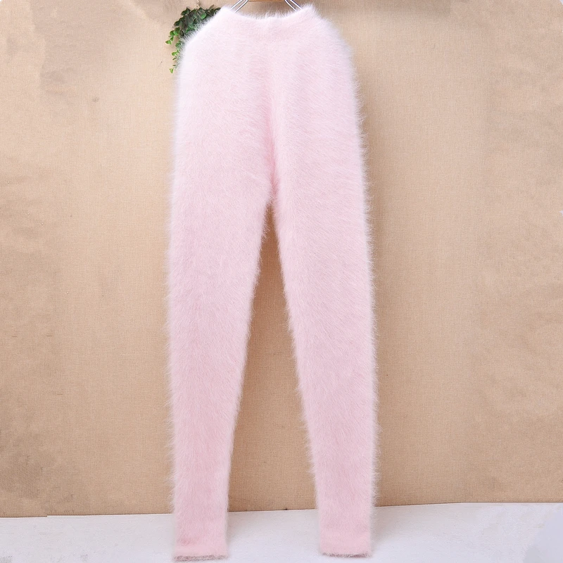 Ladies Women Fashion Sweet Pink Angora Rabbit Hair Knitted Warm Soft Autumn Winter Underwear High‑waisted Thermal Pants Trousers